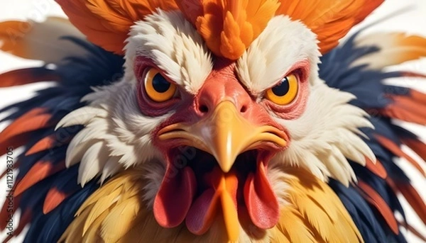 Fototapeta  A cartoon-style angry chicken with vibrant orange feathers puffed up and a fierce expression AI Generative