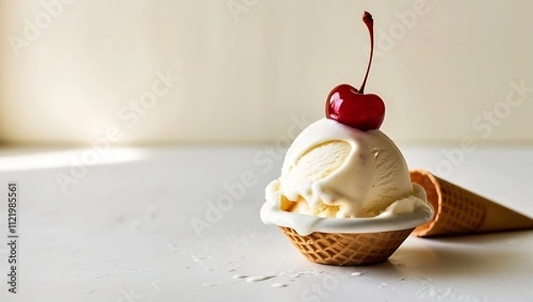 Fototapeta Creamy Vanilla Ice Cream Scoops With Cherry Topping
