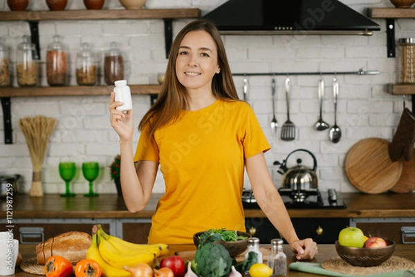 Fototapeta Young attractive happy young woman standing at the kitchen table and drinking dietary supplements, hold jar of pills, looking and smiling, healthy lifestyle concept
