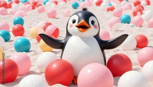 Fototapeta A cartoon-style penguin, with a playful grin, waving from a red and white float, surrounded by colorful beach balls AI Generative