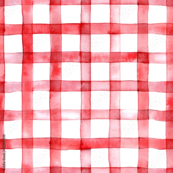 Fototapeta Seamless watercolor red gingham pattern on white background. Repeating checkered pattern. Perfect pattern for xmas greeting, Birthday party, or invitation cards and seasonal illustrations