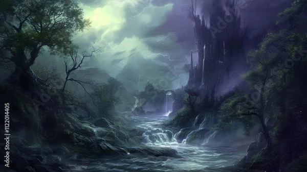 Fototapeta A mystical image, mysterious and mysterious, a gritty image that, when viewed, creates a sense of dread, yet fills one with desire. Tree and building in the dark. AI-generated image.