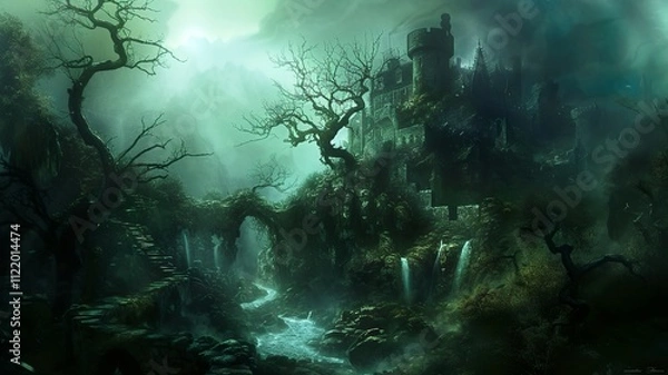 Fototapeta A mystical image, mysterious and mysterious, a gritty image that, when viewed, creates a sense of dread, yet fills one with desire. Tree and building in the dark. AI-generated image.