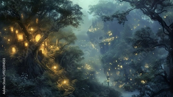 Fototapeta A mystical image, mysterious and mysterious, a gritty image that, when viewed, creates a sense of dread, yet fills one with desire. Tree and building in the dark. AI-generated image.