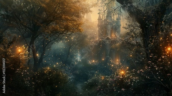 Fototapeta A mystical image, mysterious and mysterious, a gritty image that, when viewed, creates a sense of dread, yet fills one with desire. Tree and building in the dark. AI-generated image.