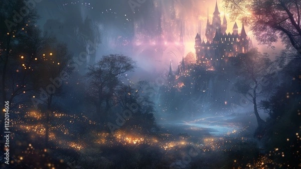 Fototapeta A mystical image, mysterious and mysterious, a gritty image that, when viewed, creates a sense of dread, yet fills one with desire. Tree and building in the dark. AI-generated image.