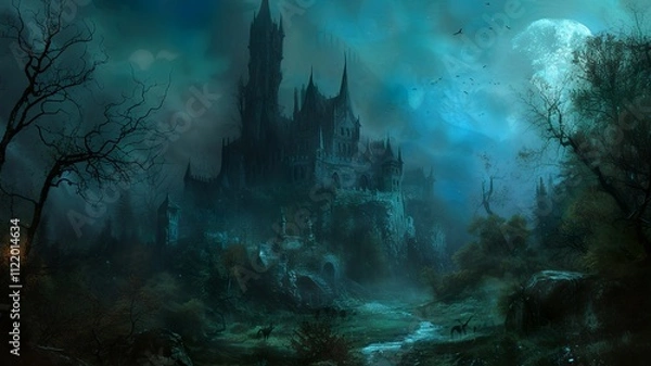 Fototapeta A mystical image, mysterious and mysterious, a gritty image that, when viewed, creates a sense of dread, yet fills one with desire. Tree and building in the dark. AI-generated image.