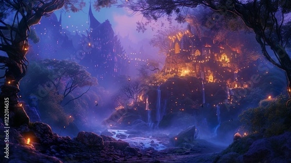 Fototapeta A mystical image, mysterious and mysterious, a gritty image that, when viewed, creates a sense of dread, yet fills one with desire. Tree and building in the dark. AI-generated image.