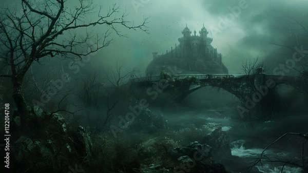 Fototapeta A mystical image, mysterious and mysterious, a gritty image that, when viewed, creates a sense of dread, yet fills one with desire. Tree and building in the dark. AI-generated image.