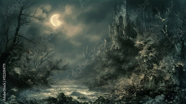 Fototapeta A mystical image, mysterious and mysterious, a gritty image that, when viewed, creates a sense of dread, yet fills one with desire. Tree and building in the dark. AI-generated image.