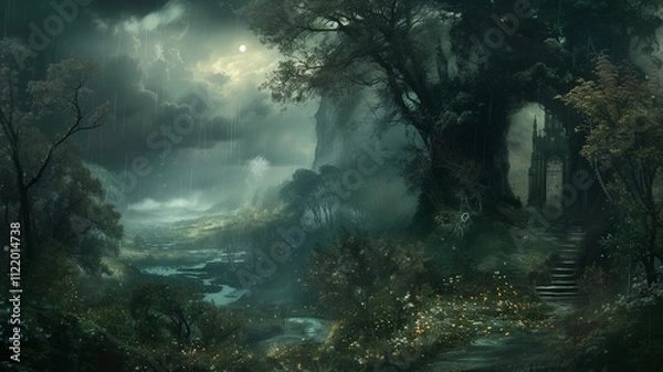 Fototapeta A mystical image, mysterious and mysterious, a gritty image that, when viewed, creates a sense of dread, yet fills one with desire. Tree and building in the dark. AI-generated image.