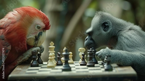 Fototapeta Animals playing chess are thinking about their next move. AI-generated image