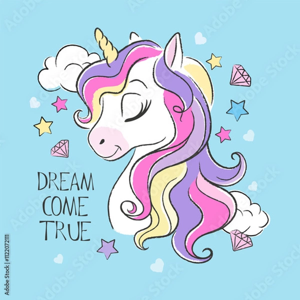 Obraz Animal print for clothes and fabric. Fashionable cute unicorn. Cartoon character. blue