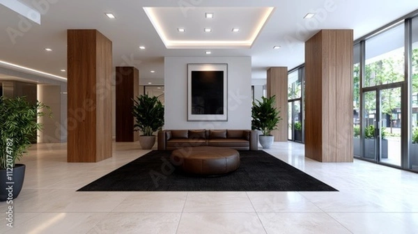 Fototapeta Sleek Modern Office Design Featuring White Square LED Downlights, Suspended Ceiling Tiles, and High Ceilings for a Contemporary Look