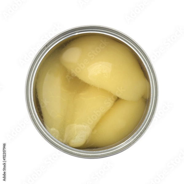 Obraz Widok z góry otwartej puszki połówek gruszek na białym tle na białym tle