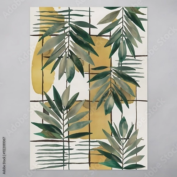 Fototapeta Abstract geometric watercolor palm leaf poster. Modern minimal illustration with palm leaf and hand drawn texture for minimalist print, cover, boho wall decor, mid century design, trendy art