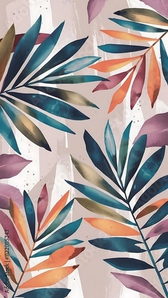 Fototapeta Abstract geometric watercolor palm leaf poster. Modern minimal illustration with palm leaf and hand drawn texture for minimalist print, cover, boho wall decor, mid century design, trendy art