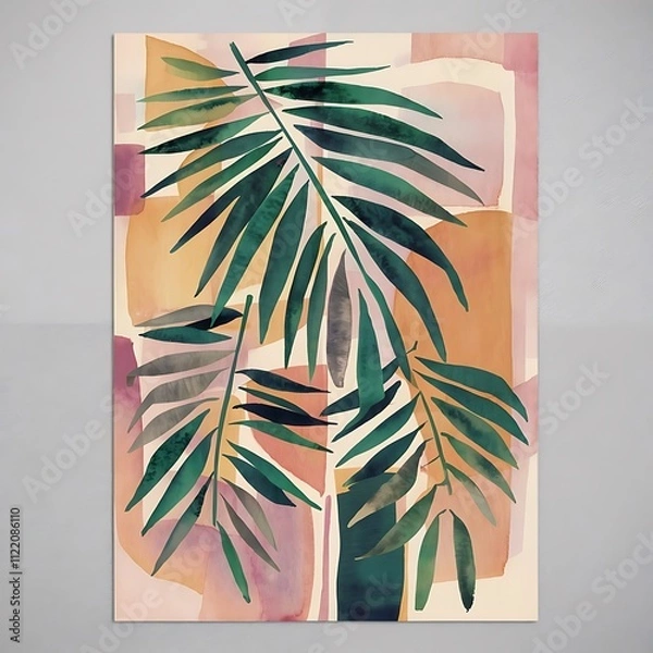 Fototapeta Abstract geometric watercolor palm leaf poster. Modern minimal illustration with palm leaf and hand drawn texture for minimalist print, cover, boho wall decor, mid century design, trendy art