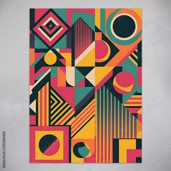 Obraz Abstract geometric background. Colorful, minimalist retro poster graphics vector illustration. Abstract pattern trendy with square and round shapes.