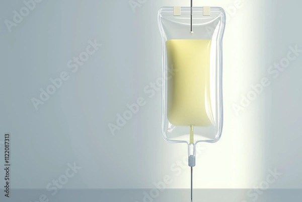 Fototapeta A clear intravenous bag containing a yellow liquid, suspended against a softly illuminated background, commonly used in medical settings.