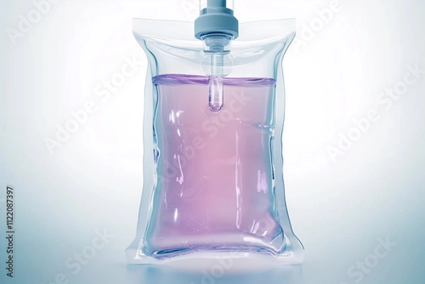 Fototapeta A transparent pouch containing purple liquid, featuring a nozzle for dispensing, set against a light background.