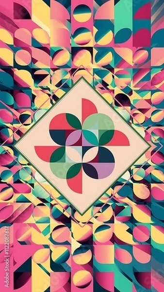 Obraz Abstract geometric background. Colorful, minimalist retro poster graphics vector illustration. Abstract pattern trendy with square and round shapes.