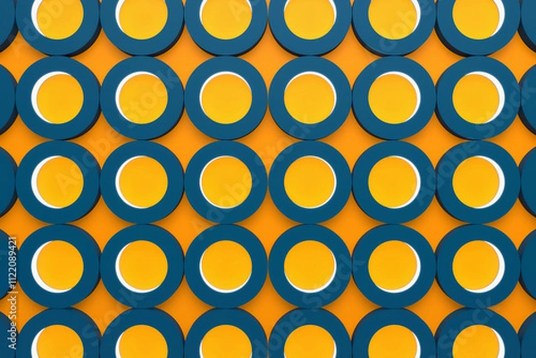 Obraz Abstract button-shaped background; many dark blue cylinders on yellow wall; circular repeating pattern; flat lay, 3d rendering, 3d illustration