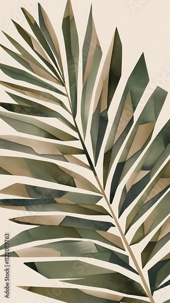 Fototapeta Abstract geometric watercolor palm leaf poster. Modern minimal illustration with palm leaf and hand drawn texture for minimalist print, cover, boho wall decor, mid century design, trendy art