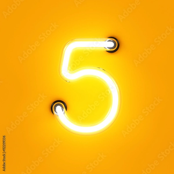 Fototapeta Neon light digit alphabet character 5 five font