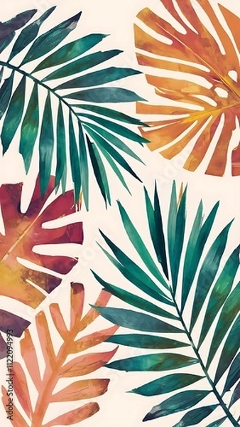 Fototapeta Abstract geometric watercolor palm leaf poster. Modern minimal illustration with palm leaf and hand drawn texture for minimalist print, cover, boho wall decor, mid century design, trendy art
