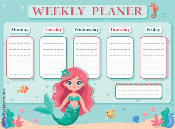 Fototapeta A weekly planer for a student. School Time Table Template with a sweet and beautiful mermaid. Vector illustration in flat cartoon style
