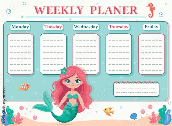 Fototapeta A weekly planer for a student. School Time Table Template with a sweet and beautiful mermaid on white background. Vector illustration in flat cartoon style