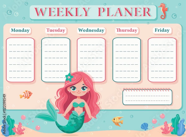 Fototapeta A weekly planer for a student. School Time Table Template with a sweet and beautiful mermaid. Vector illustration in flat cartoon style