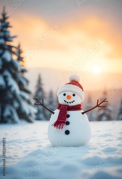 Fototapeta A snowman with a red hat and scarf stands in a snowy forest at sunset.