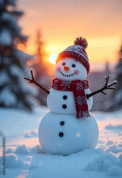 Fototapeta A snowman with a red hat and scarf stands in a snowy forest at sunset.