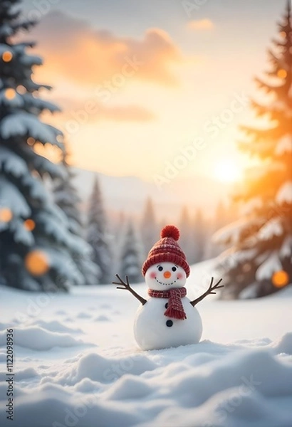 Fototapeta A snowman with a red hat and scarf stands in a snowy forest at sunset.