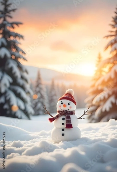 Fototapeta A snowman with a red hat and scarf stands in a snowy forest at sunset.