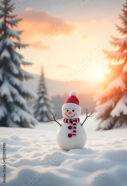 Fototapeta A snowman with a red hat and scarf stands in a snowy forest at sunset.