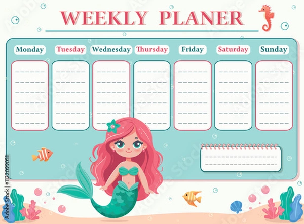 Fototapeta A weekly planer for a student. School Time Table Template with a sweet and beautiful mermaid on white background. Vector illustration in flat cartoon style