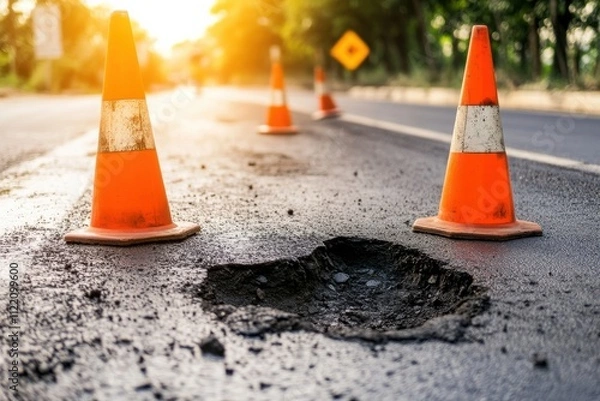 Obraz Road Construction with Warning Cones Surrounding a Pothole under Sunset Lighting on a Rural Road Showing Urban Infrastructure Maintenance and Safety Concerns