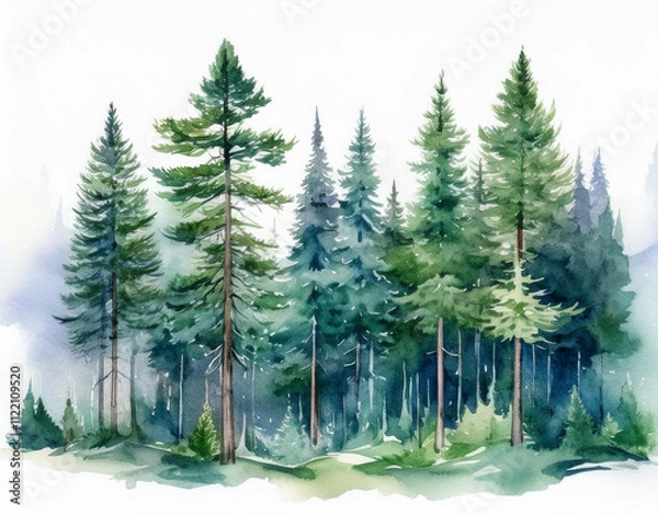 Fototapeta Pine tree forest isolated in a white background 