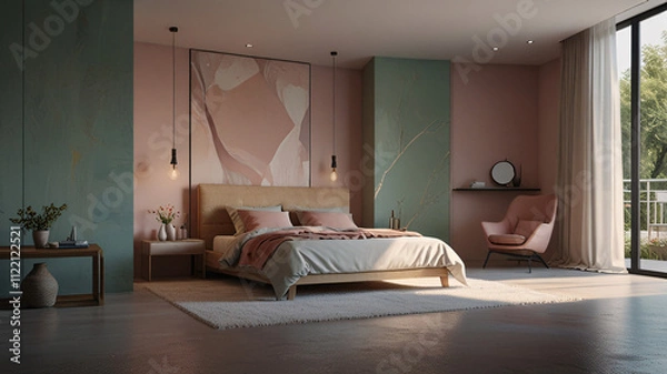 Fototapeta Serene Master Bedroom with Blush Pink and Sage Green Color Scheme