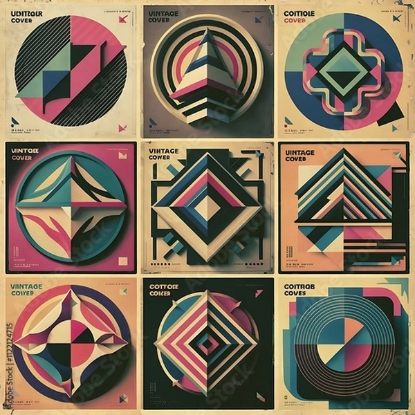 Fototapeta Set of geometric covers. Collection of cool vintage covers. Abstract shapes compositions. Vector.