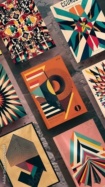 Fototapeta Set of geometric covers. Collection of cool vintage covers. Abstract shapes compositions. Vector.