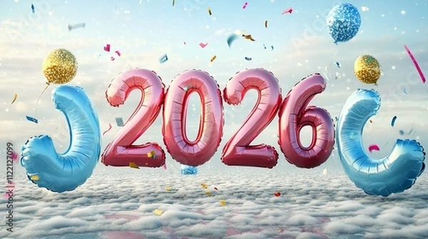 Obraz Happy New Year 2026 Festive Celebration: Pink and Blue Balloons, Confetti, and Clouds - Perfect for Holiday Cards, Invitations, and Social Media