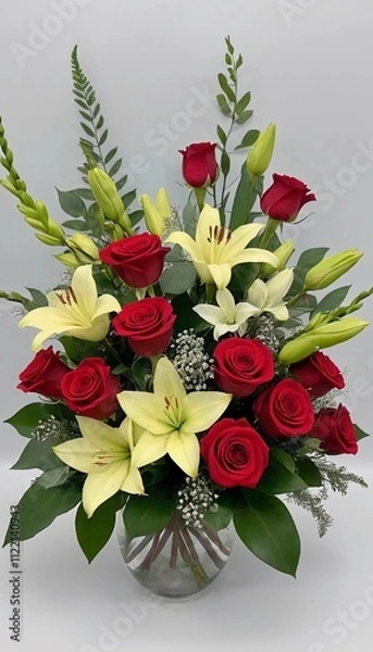 Fototapeta Elegant bouquet of red roses and white lilies arranged in a glass vase for a special occasion decoration. Generative AI