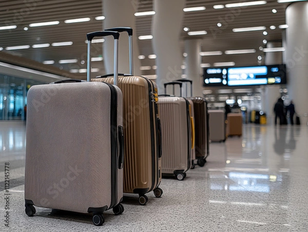 Obraz Luggage lined up at an airport terminal on a polished floor.