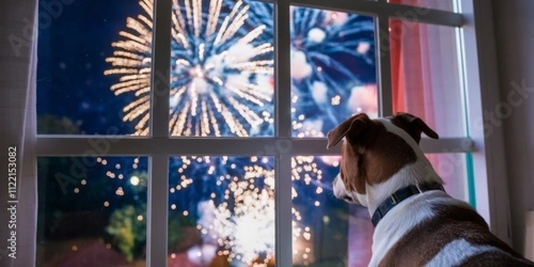 Obraz Dog looking out of window at fireworks in night sky Generative aI