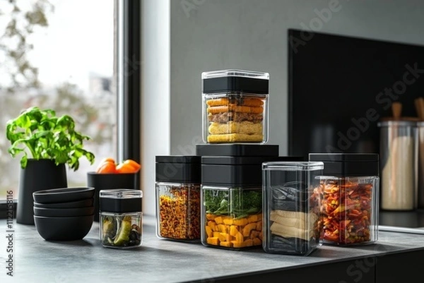 Fototapeta A modern kitchen display featuring an assortment of stylish storage containers filled with colorful snacks and ingredients.