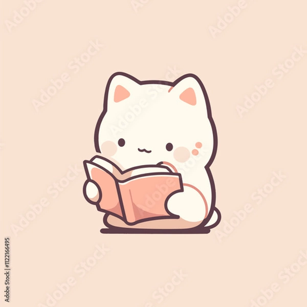 Fototapeta Cute Cartoon Cat Reading a Book on Soft Pastel Background. Cute Cat Vector.